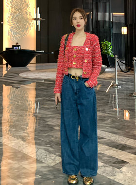 宛宛大大卡罗拉玫红粗花呢吊带开衫套装蓝色直筒微阔腿牛仔裤