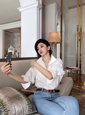 宛宛大大早春大吉岭茶法式氛围感白色立领衬衫简约上衣中长袖