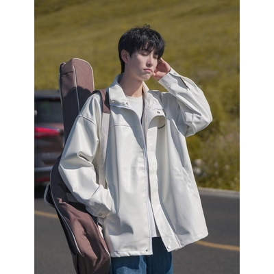 时尚立体斜口袋纯色连帽拉链情侣宽松工装夹克外套P