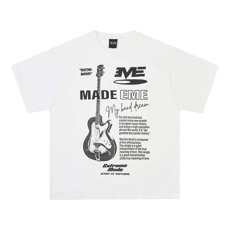 摇滚男高街tins宽松潮牌短袖吉他上衣百搭恤美式印花复古休闲