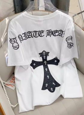 A034立体刺绣PU皮质金属十字架正肩短袖大码男装M4XLP36