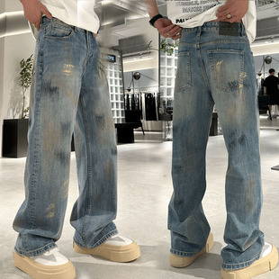 牛仔裤男春秋新款直通宽松高街潮流时尚彩绘油画刷漆休闲百搭裤子