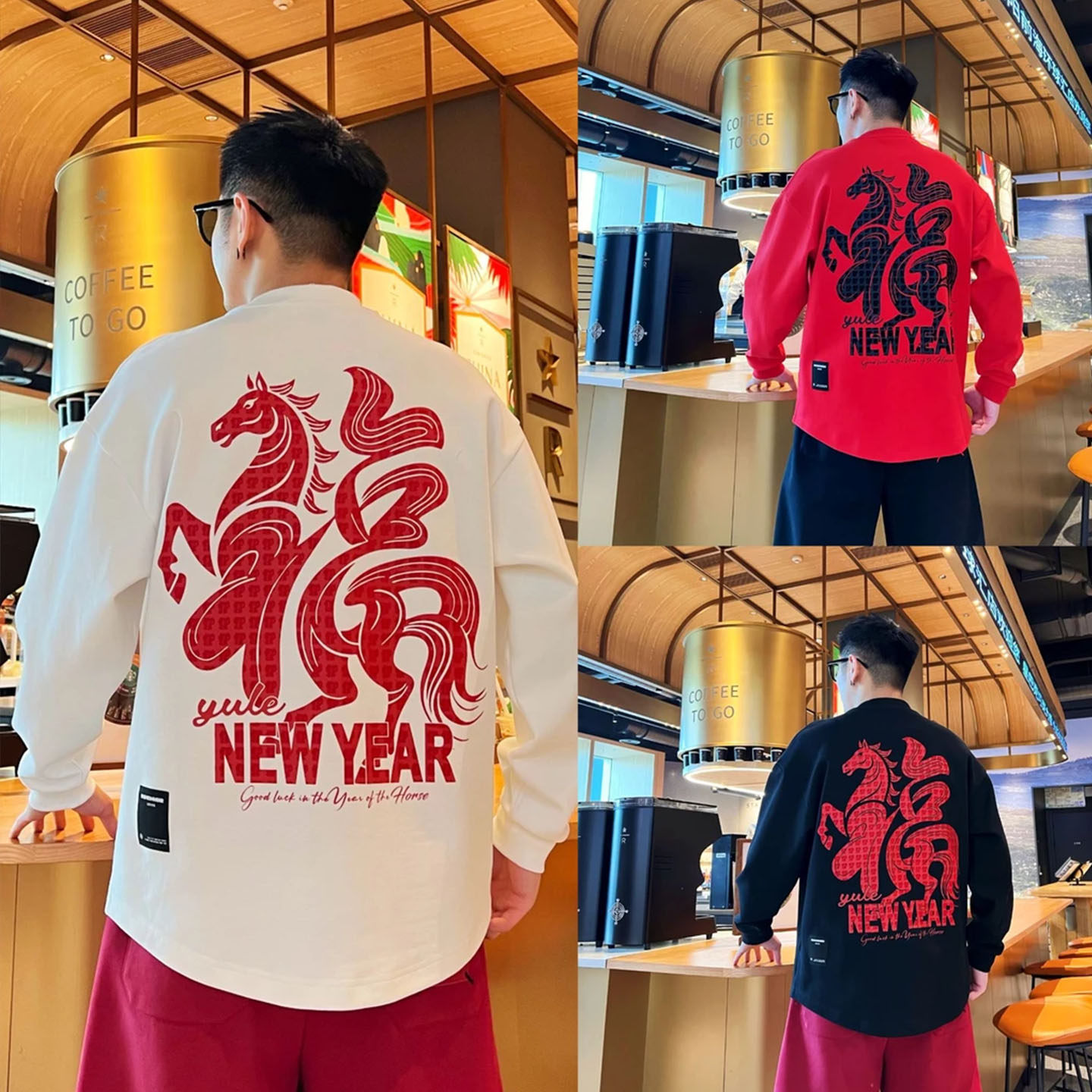 2026马年新款休闲个性圆领上衣是宽松潮流印花美式百搭长袖卫衣男