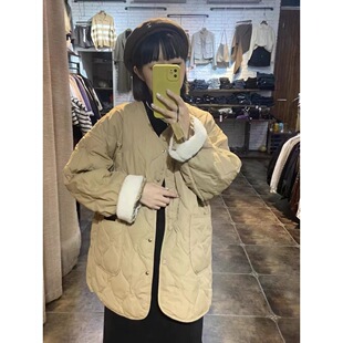 2024年冬新款韩版羊羔毛拼接中长款羽绒服女小个子轻薄棉服外套潮