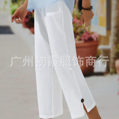 现货,,,,2022年亚马逊独立站跨境棉麻七分裤松紧腰休闲女裤显腿长