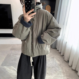 洋气撞色棉衣2025冬季宽松连帽蝙蝠袖排扣棉服外套小个子