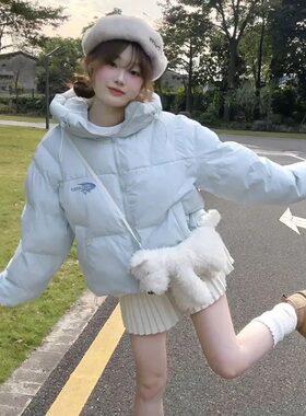 慵懒风天蓝色连帽加厚保暖面包服冬季小个子百搭字母刺绣棉服外套