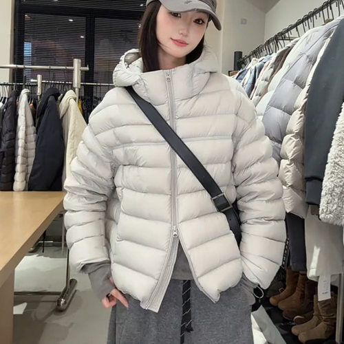 韩系排骨款休闲连帽羽绒服女2025冬季新款简约百搭显瘦白鸭绒外套
