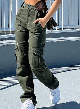 2023欧美亚马逊独立站秋冬新款女裤个性时尚拼接直筒多口袋工装裤