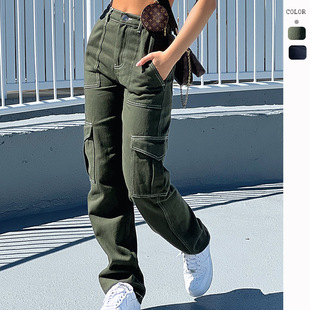 2023欧美亚马逊独立站秋冬新款女裤个性时尚拼接直筒多口袋工装裤