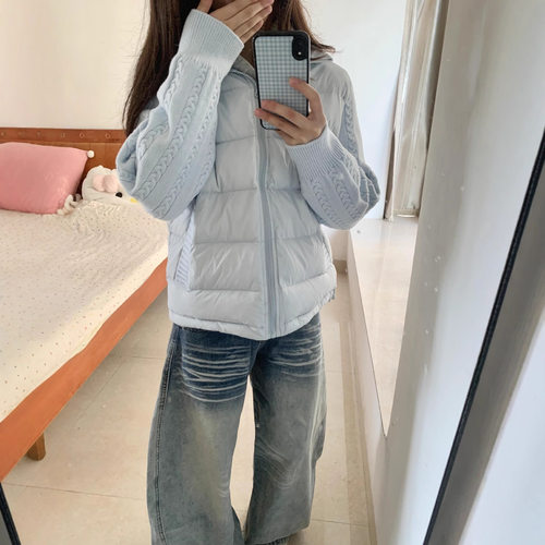 蓝色针织拼接羽绒棉服女秋冬2025新款设计感加厚保暖小个子短外套
