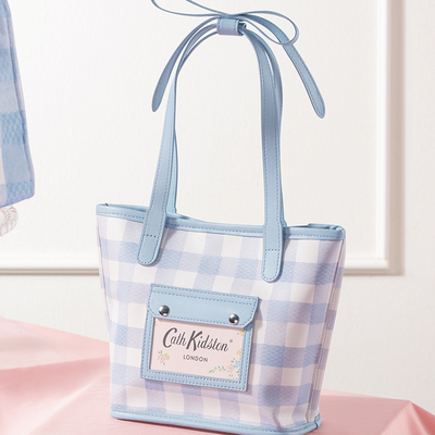 MINISO花园工坊蓝格蝴蝶结托特包
