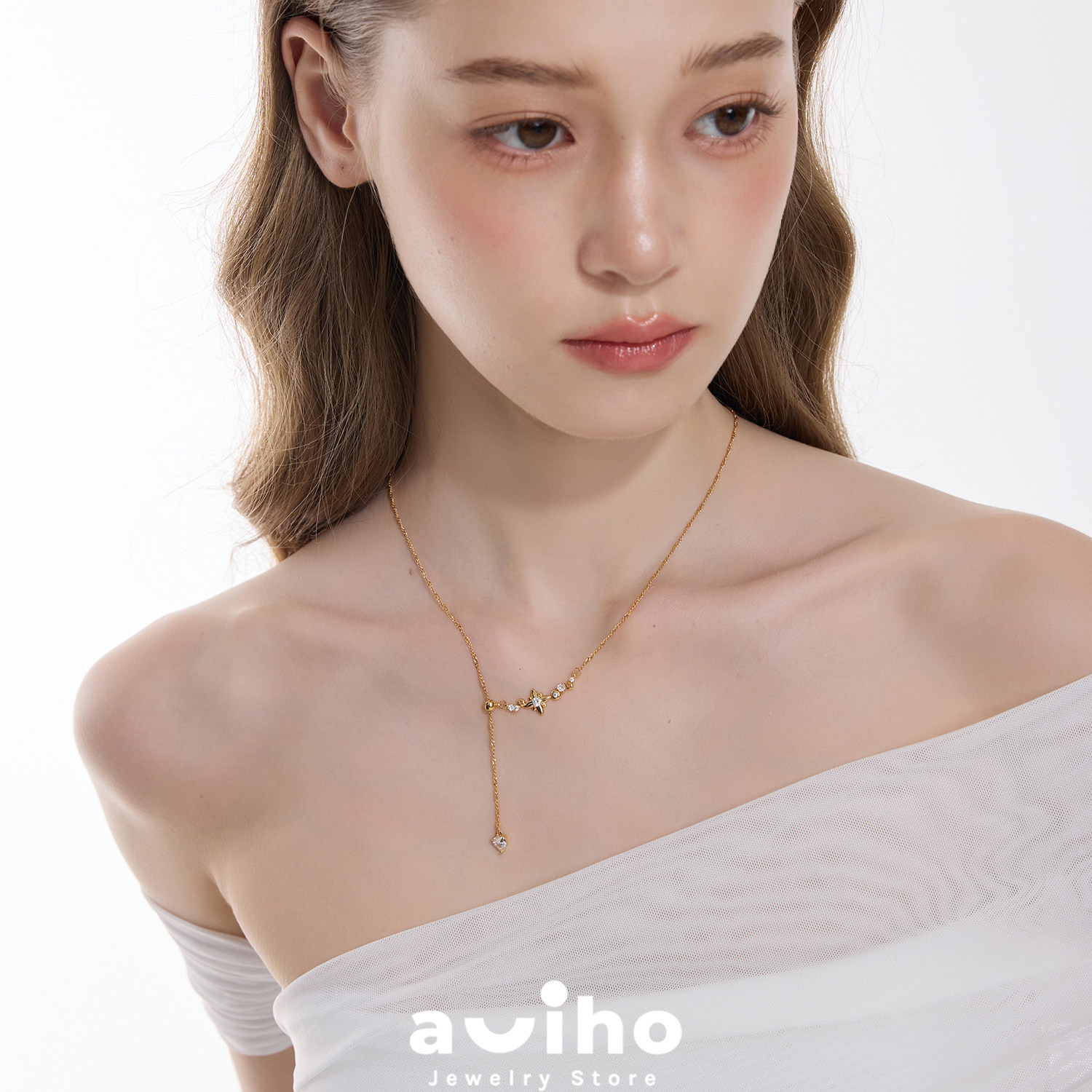 aviho 星轨遗珠 可抽拉Y型水滴项链四芒星镶钻设计感吊坠法式温柔图片
