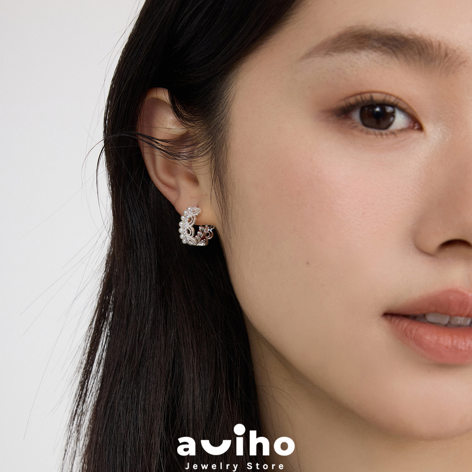 aviho 线条情书法式精致蕾丝镂空花边珍珠耳环设计感耳圈