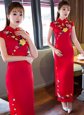 红色中国风旗袍刺绣花修身短袖时尚高贵改良旗袍裙新中式国风长款