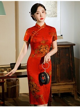 复古红色送考短袖旗袍2025年新款民国气质高端年轻双层中长连衣裙