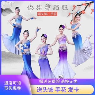儿童孔雀舞练功鱼尾裙民族 演出服套装 成人傣族舞蹈服装 女艺考修身