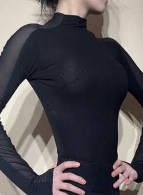 YHA舞服2024秋冬摩登舞连体上衣女长袖半高领国标舞拉丁舞练功服