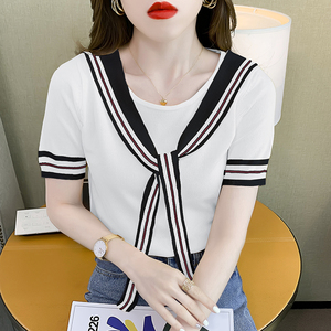 RM19224#短袖针织衫 夏季韩版甜美系带设计感小众冰丝t恤打底衫