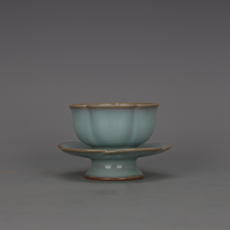 宋 汝窑天青釉开片瓜棱荷叶口杯子盏 仿宋代瓷器古玩家居装饰摆件