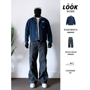 UMSSUSP 美式密歇根工装夹克男休闲复古翻领水洗做旧刺绣帆布外套