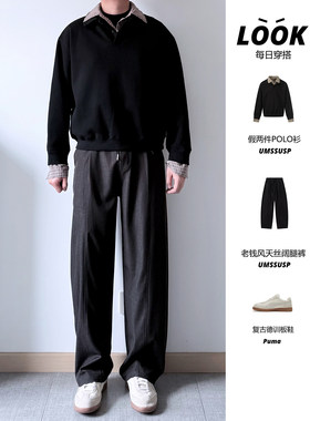 春季男黑色格子假两件衬衫领卫衣