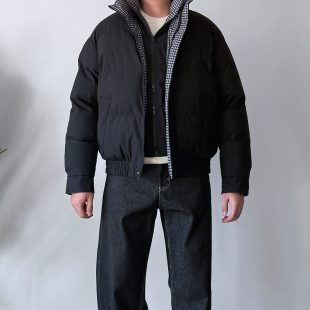 UMSSUSP冬季 复古假两件棉衣潮流情侣宽松双层领格子拼接棉服 美式