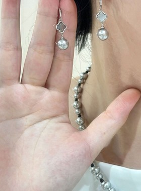 s925纯银真多麻灰色珍珠天然贝母四叶草耳钉小众时尚轻奢精致耳钩