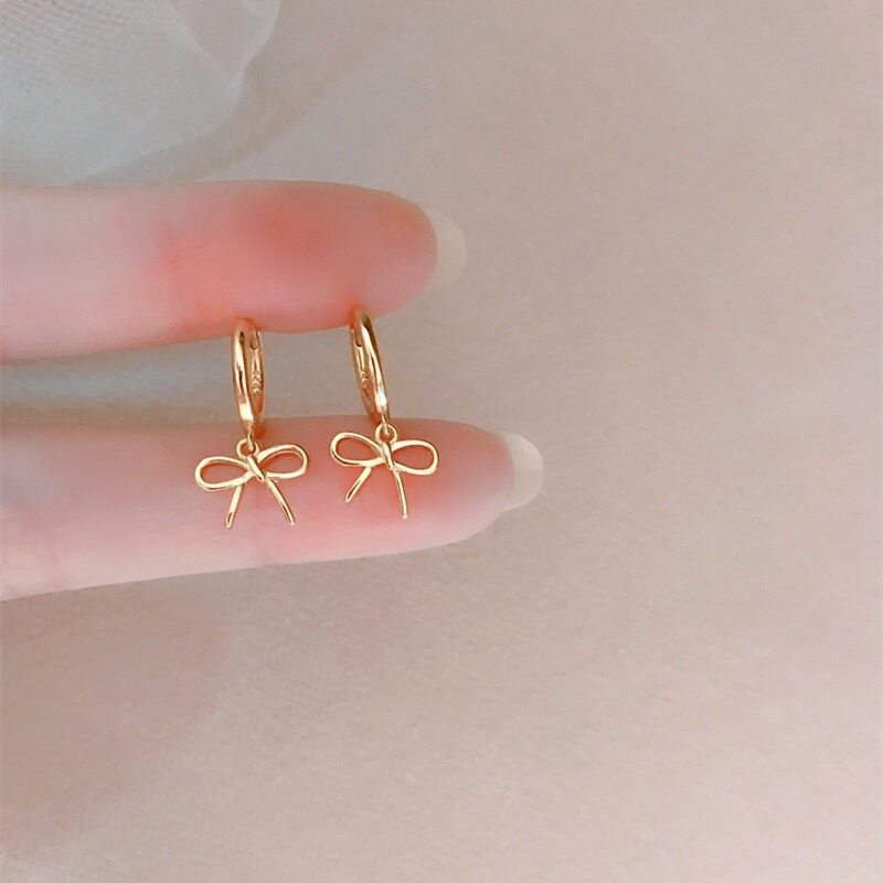 S925纯银小清新蝴蝶结金色耳环耳