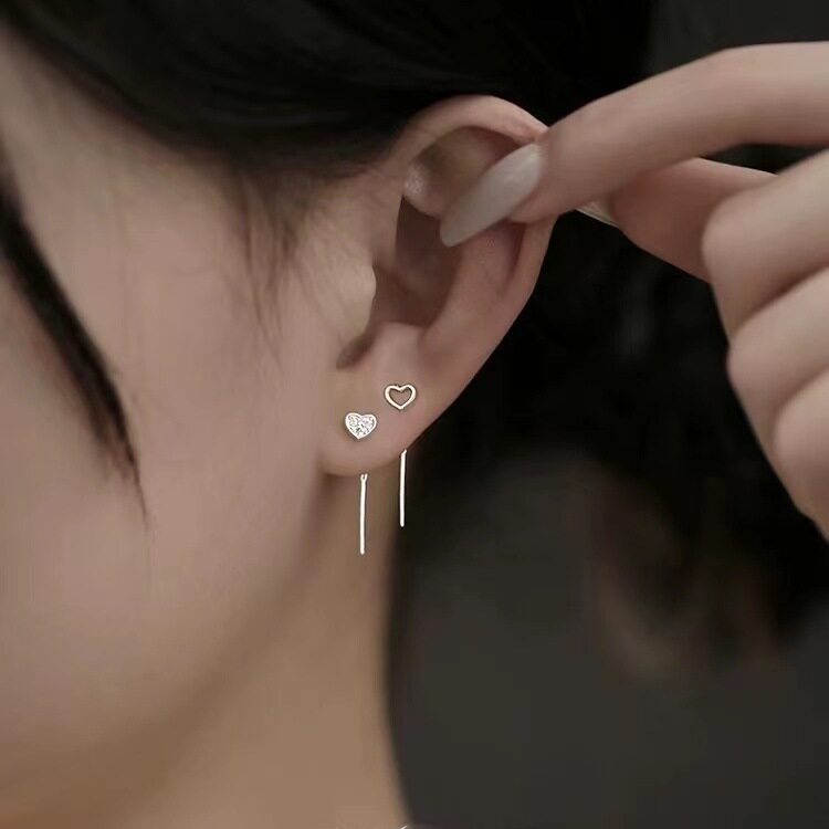 925纯银不对称爱心耳线耳钉女耳