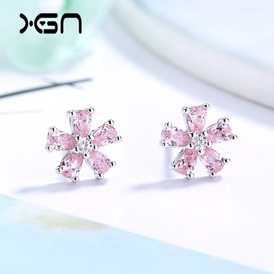 s925纯银粉色花朵耳钉女小清新甜美五瓣花镶钻少女心耳饰品