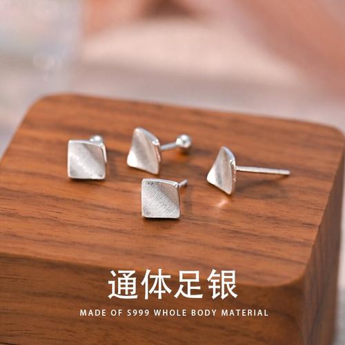 999纯银耳钉女拉丝设计方形耳环2025新款爆款高级感养耳洞耳饰