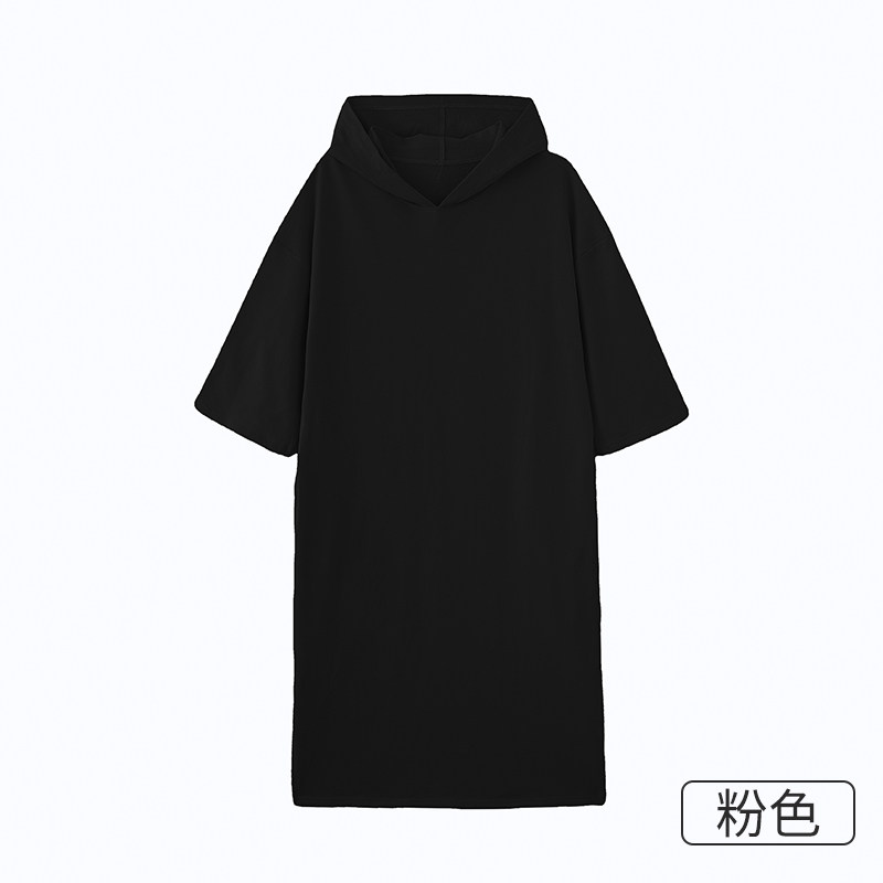 简约休闲风连帽连衣裙女黑色短袖中长款宽松裙子