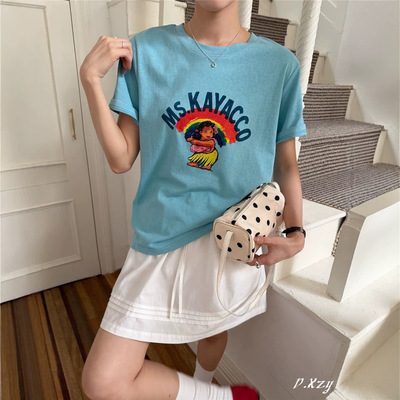 inruier夏季新款韩版休闲圆领女士短袖T恤百搭宽松舒适小衫女式潮