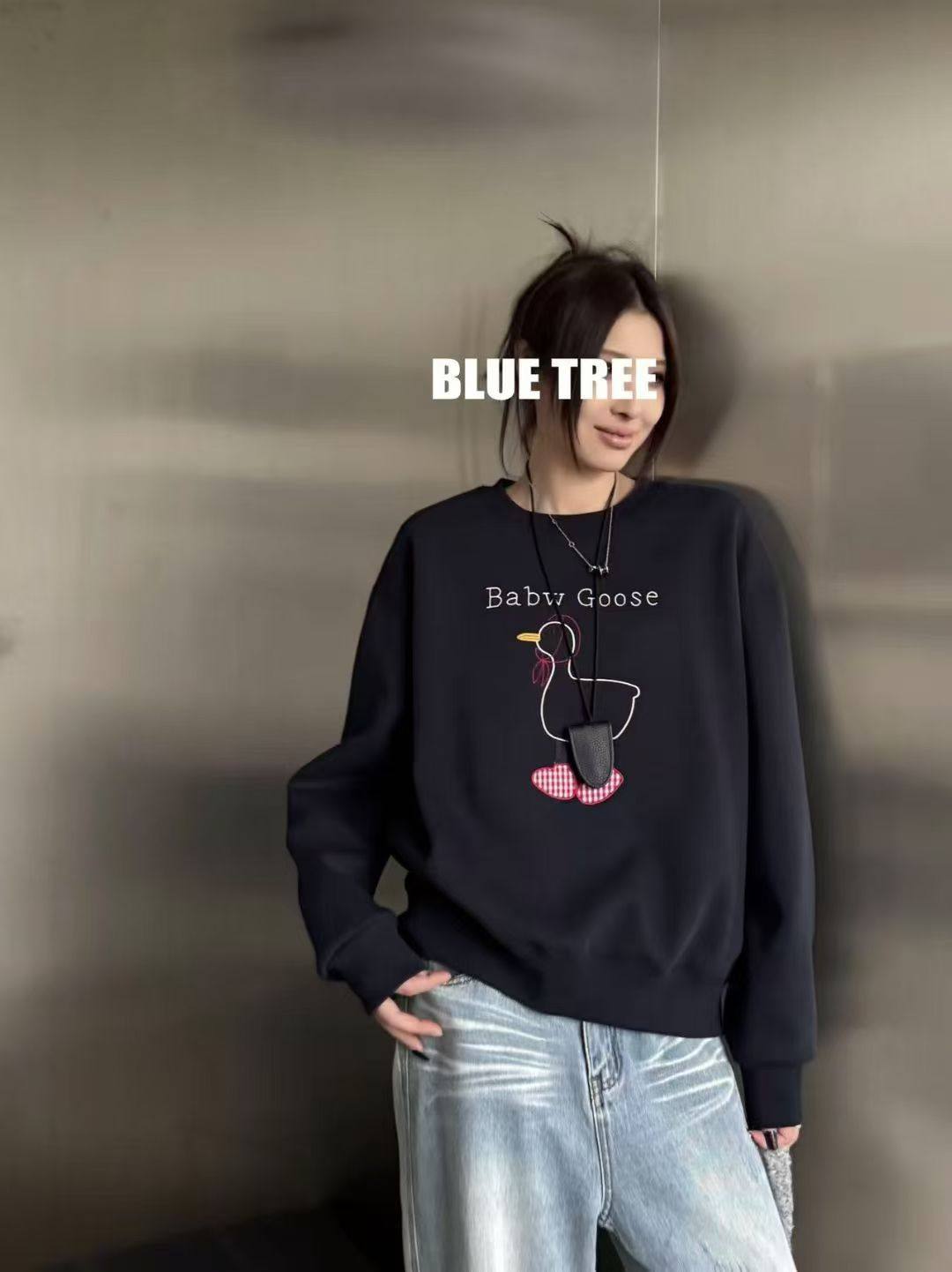 BLUETREE2025冬新品现货韩系简约百搭圆领卡通小狗印花卫衣加绒潮
