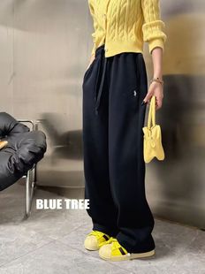 BLUETREE2025冬季新款爆款休闲裤女松紧腰抽绳百搭长裤弯刀阔腿裤