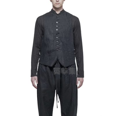 亚麻复古英伦立领马甲