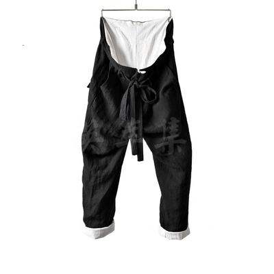 暗黑先锋亚麻系带卷边双层长裤