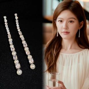许我耀眼赵露思许妍同款 珍珠闪钻流苏耳环轻奢高级感耳钉耳饰新款