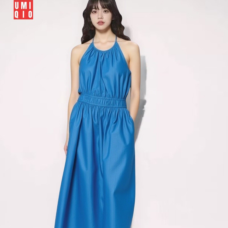 Umiqio/U家女装挂脖无袖露肩连衣裙沙滩吊带裙度假风长裙子477316