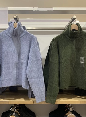 ^棵米0素家纯色慵懒风拉链高领针织开衫可翻领毛衣毛衫外套480490