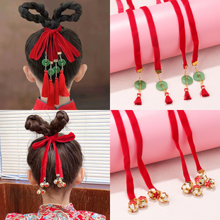 新年儿童汉服头饰红色平安扣流苏飘带小女孩喜庆铃铛发带头绳发饰