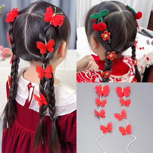 新年儿童红色花朵蝴蝶编发带发夹超仙马尾女童头饰辫子珍珠编发链