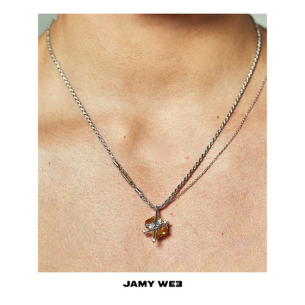 JAMY WEE原创设计 情侣款星星宇宙系列925银镀白金镶黄锆石项链