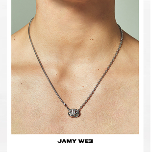JAMY WEE原创设计 情侣款925银镀白金镶锆石打结造型个性拼接项链