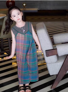 儿童装女童套装无袖背心打底衫加格子连体裤2026夏季新款童装