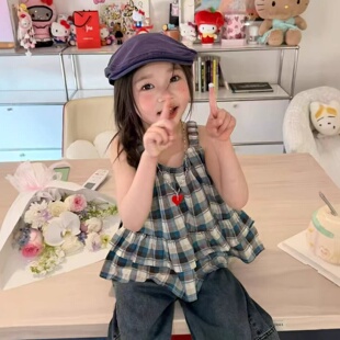 夏季女童复古格纹吊带衫阔腿牛仔裤套装 2026 新款洋气儿童两件套