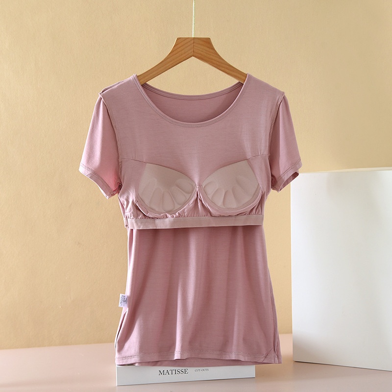 带胸垫凉感莫代尔短袖睡衣女简约可外穿休闲女士家居服套装