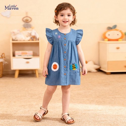 现货Little maven夏季女童牛仔裙 欧美风儿童连衣裙 可爱卡通童裙