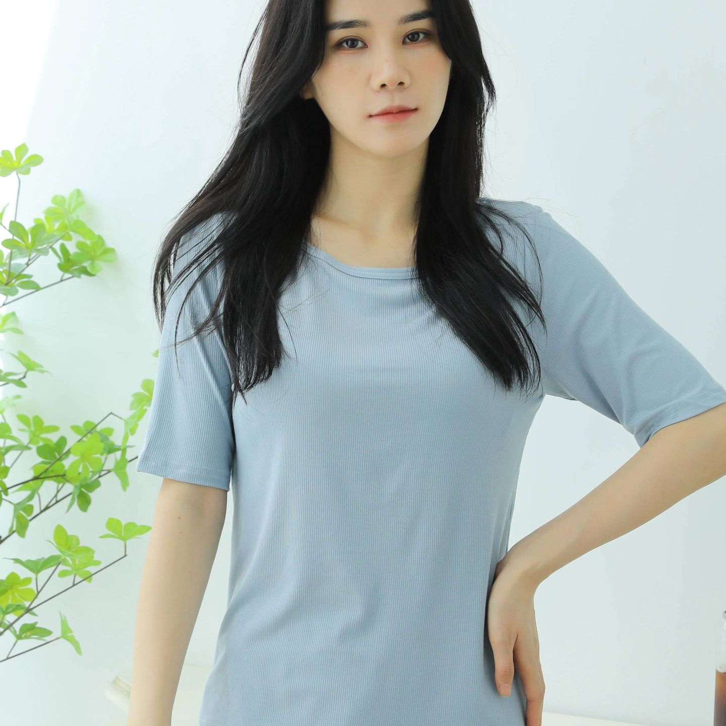 螺纹带胸垫五分袖T恤女上衣免文胸半袖罩杯一体瑜伽睡衣家居服